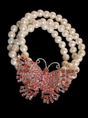 Triple Strand Faux White Pearls & Pink Rhinestone Butterfly Statement Bracelet